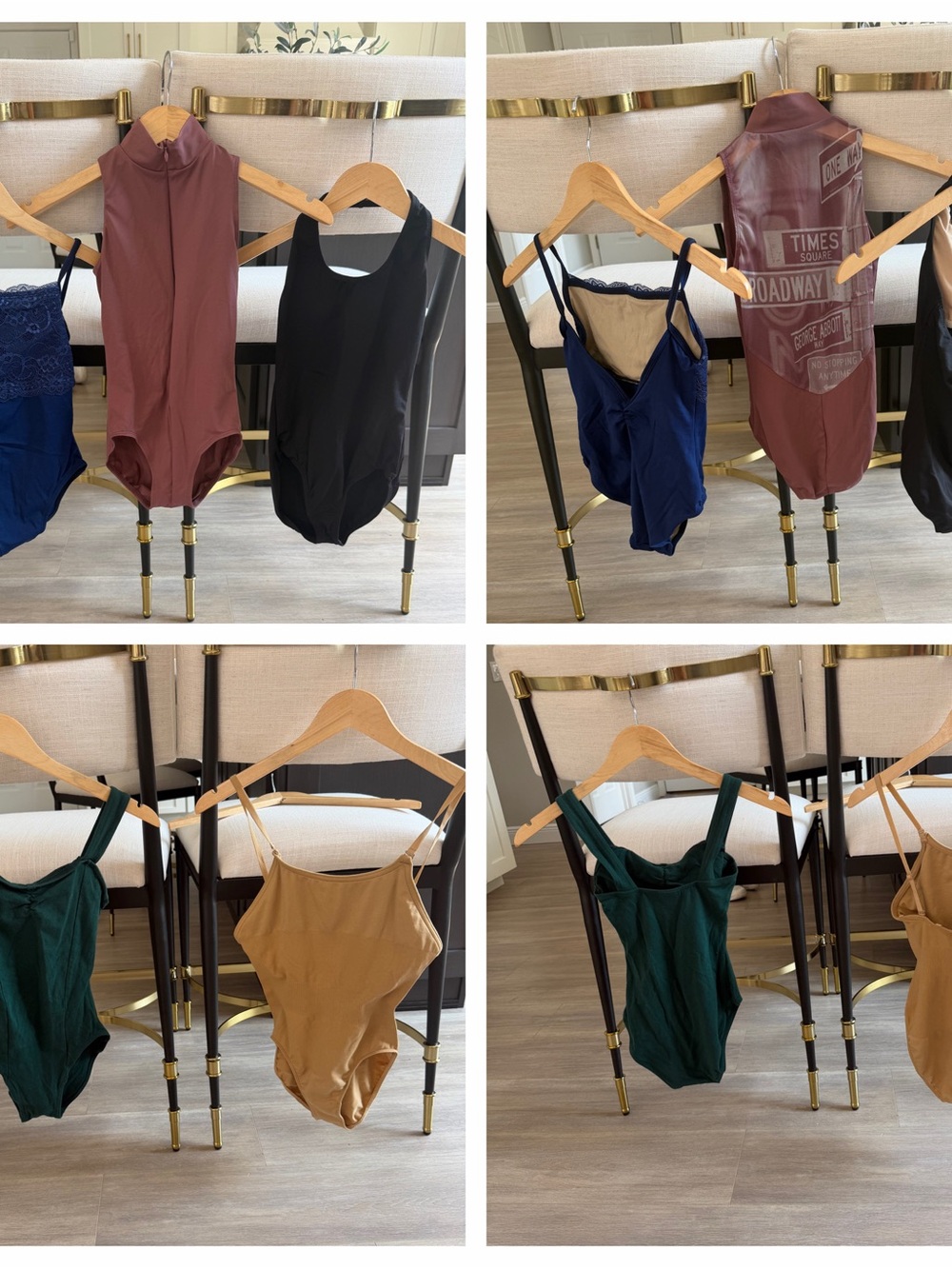 Women’s Scoop-Back One-Piece Leotards in Brown, Navy, Green, and Tan